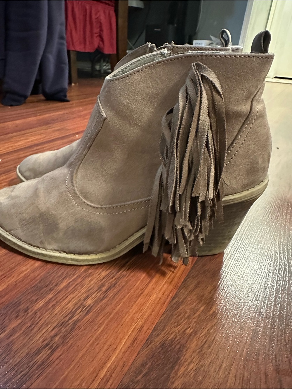 Suede Fringe Ankle Bootie in Taupe - Women's Fashion Boot